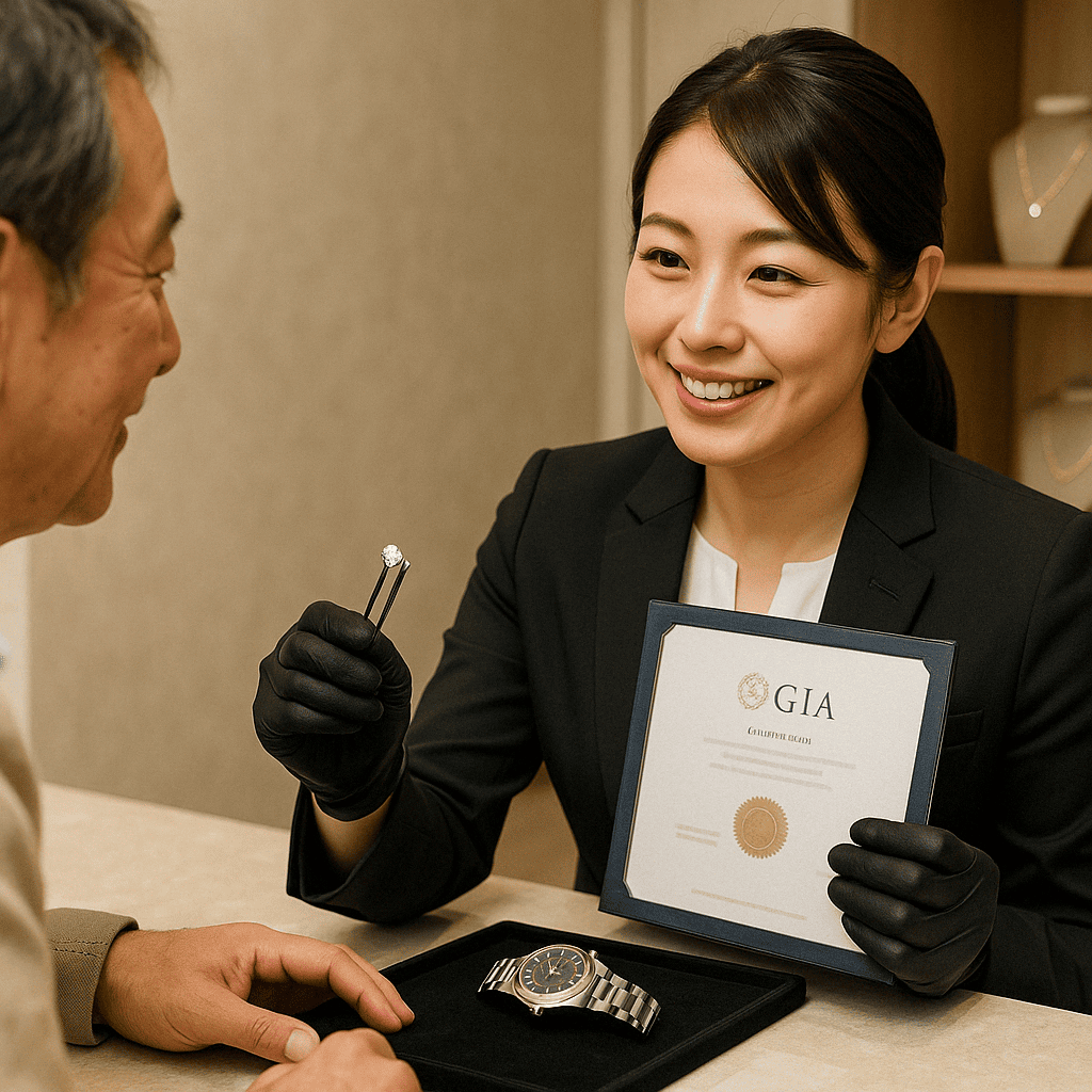 ウォッチニアン買取専門店のダイヤモンド鑑定士と査定の様子