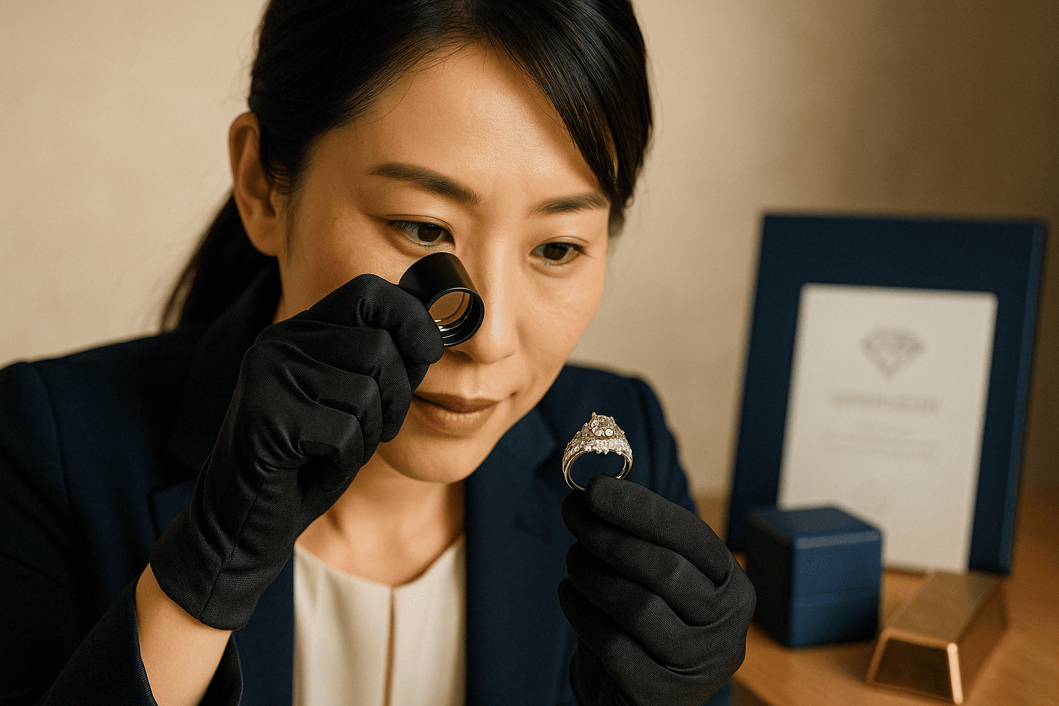 宝石一つ一つを丁寧に評価する鑑定士のイメージ