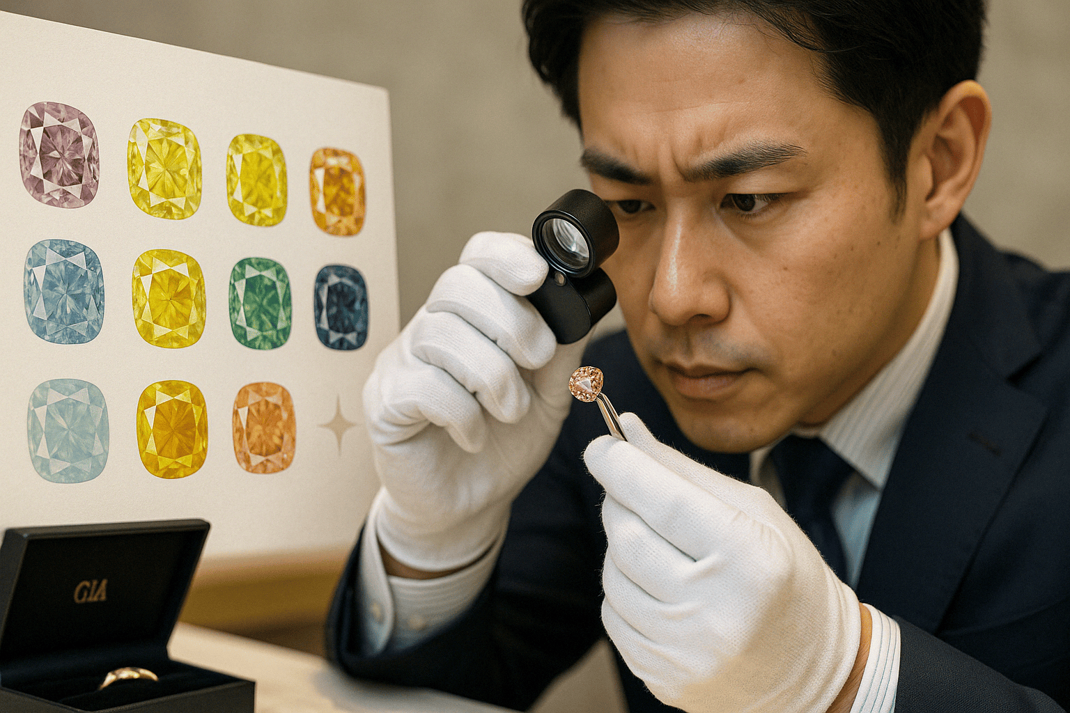 カラーダイヤモンドの評価基準(色、クラリティ、カットなど)を示すイメージ