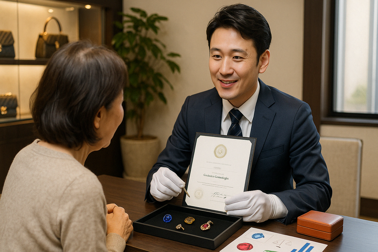 ウォッチニアン買取専門店の宝石鑑定士が査定基準を説明する様子