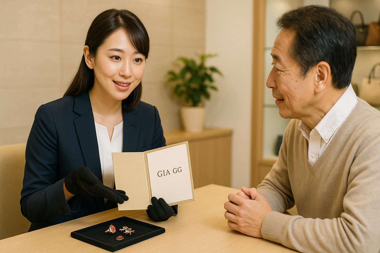ウォッチニアン買取専門店の宝石鑑定士(GIA GG)が丁寧に査定する様子
