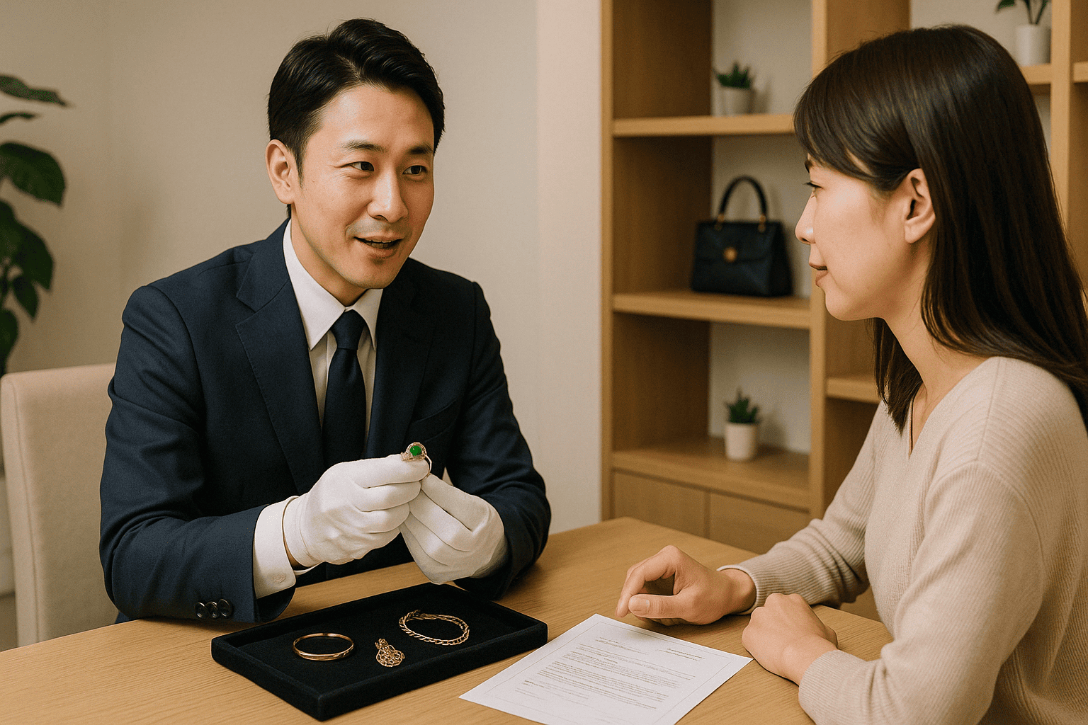 ウォッチニアン買取専門店の鑑定士がノンブランドジュエリーを総合的に評価する様子