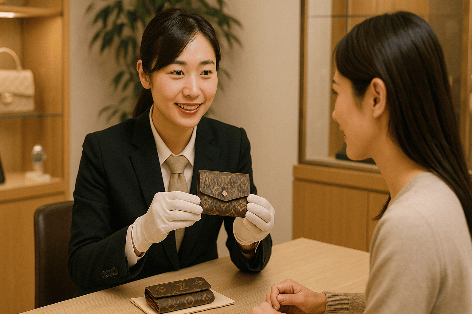 ウォッチニアン買取専門店のスタッフがヴィトン小物を査定する様子