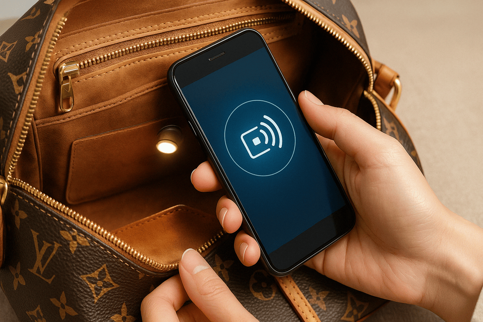 スマートフォンアプリでヴィトンのICチップを読み取るイメージ