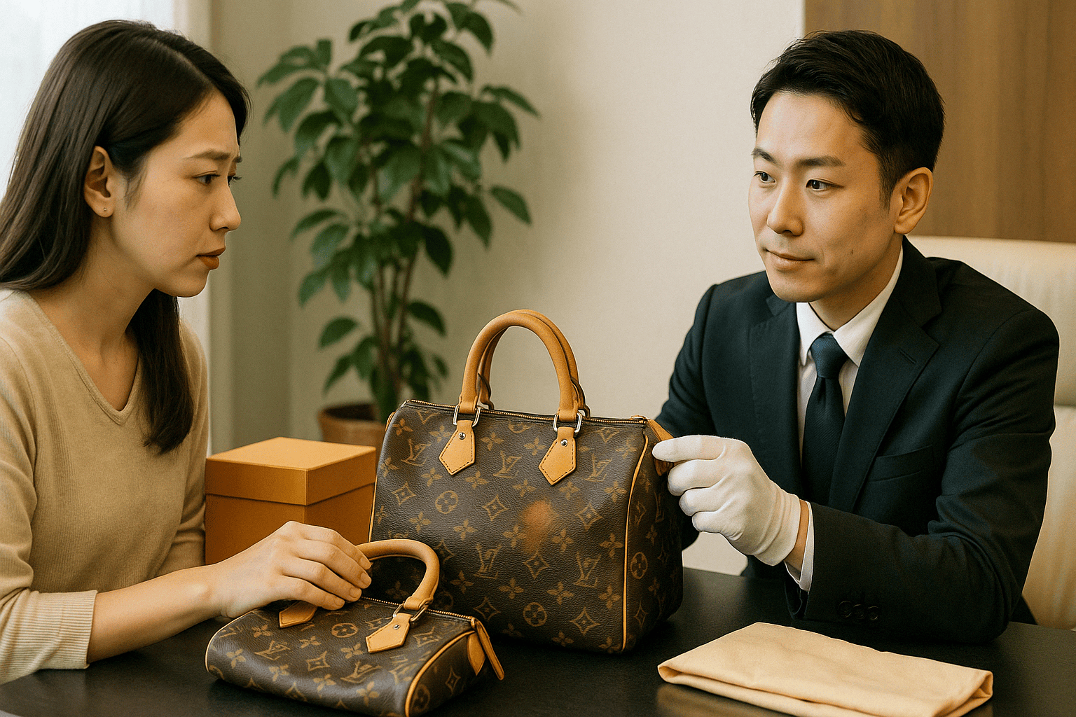シミのあるヌメ革のヴィトンバッグと査定の様子