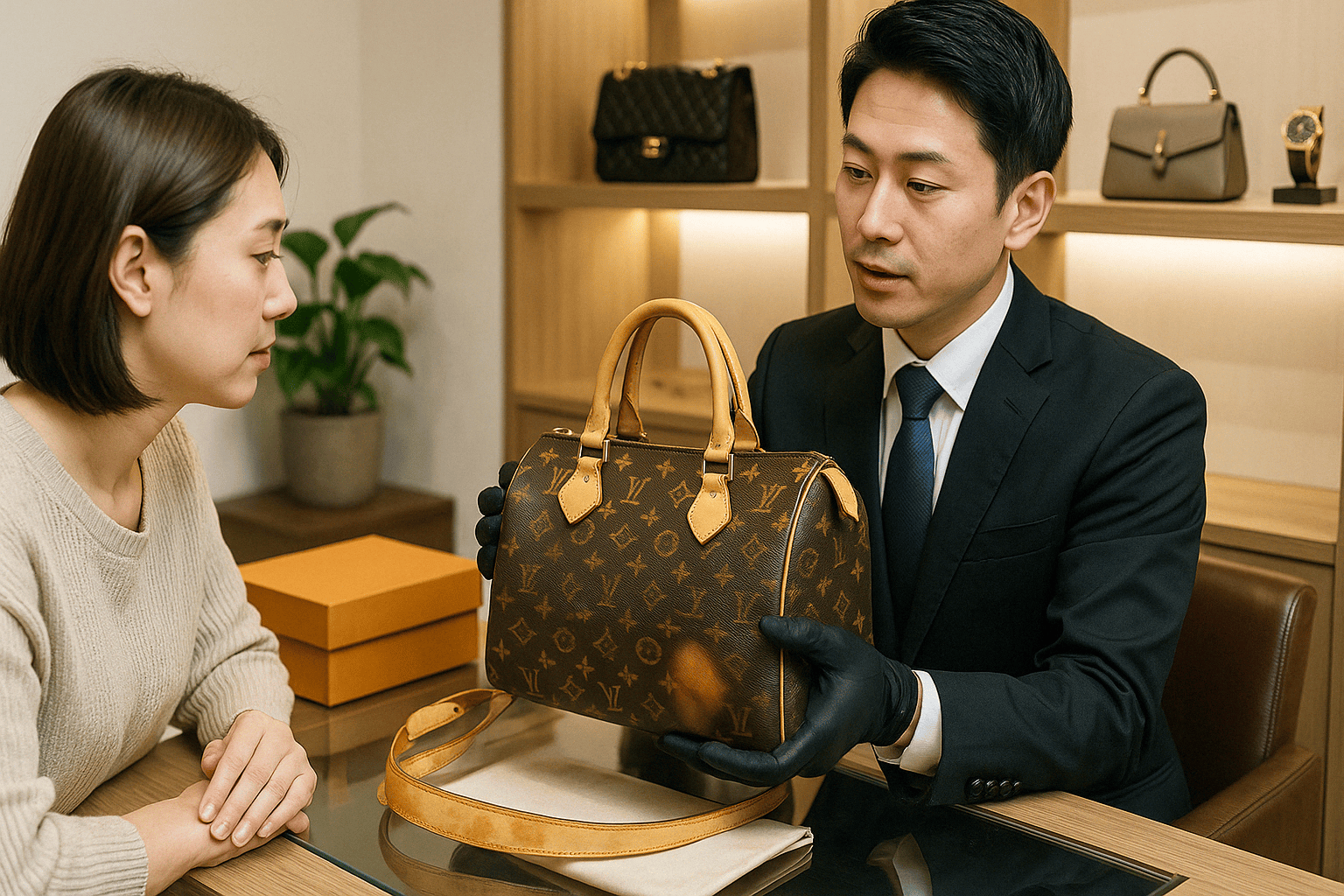 ウォッチニアン買取専門店の鑑定士がヌメ革の状態を評価する様子