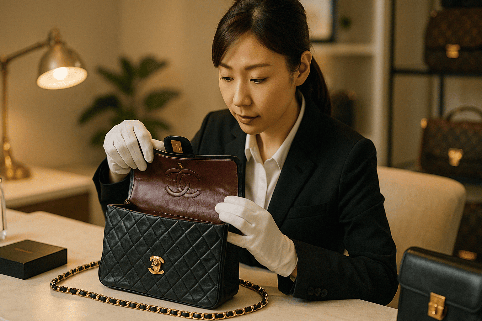 ウォッチニアン買取専門店の鑑定士が古いシャネルを丁寧に評価する様子