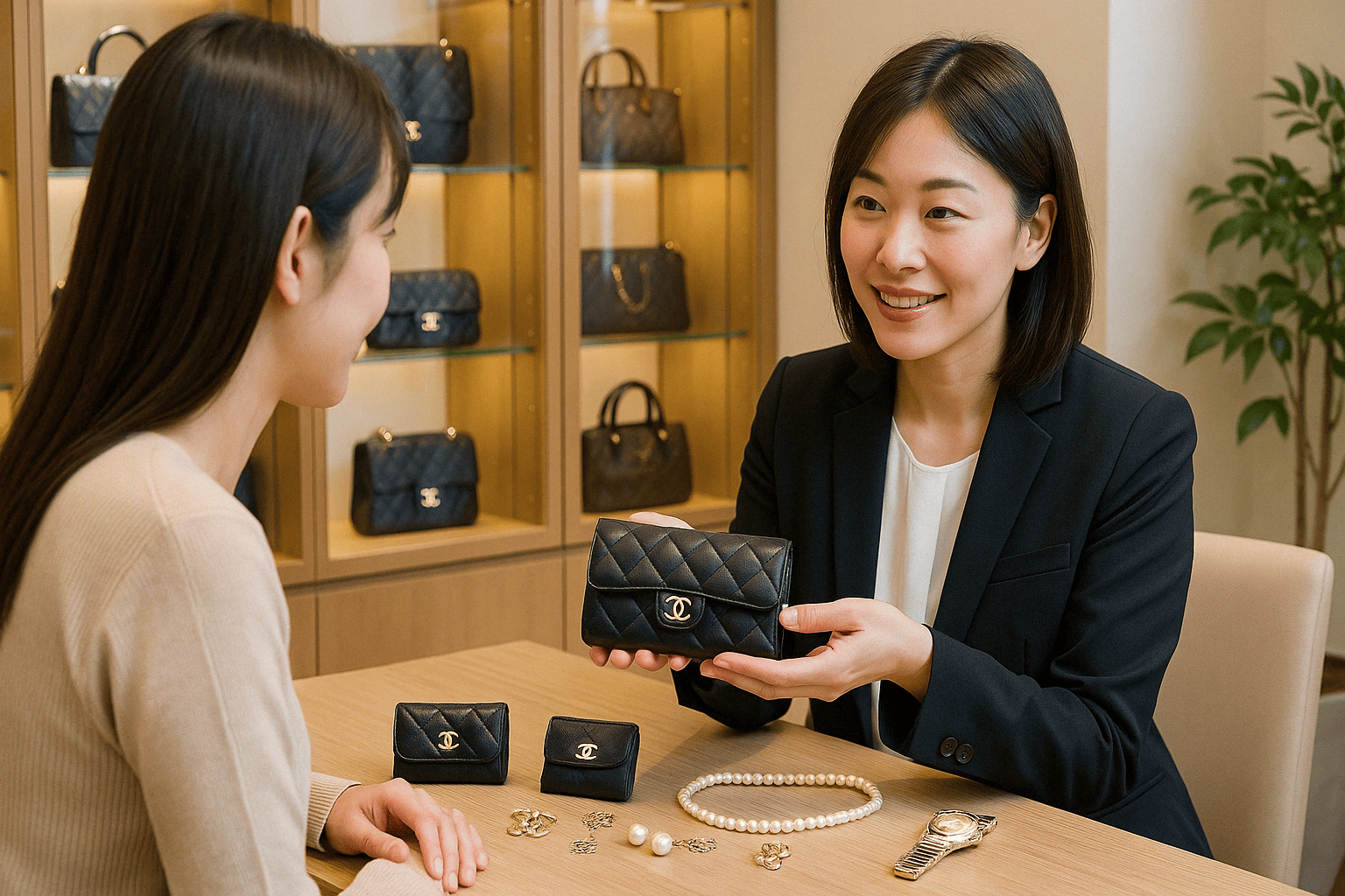 ウォッチニアン買取専門店の鑑定士がシャネルの小物やアクセサリーを査定する様子