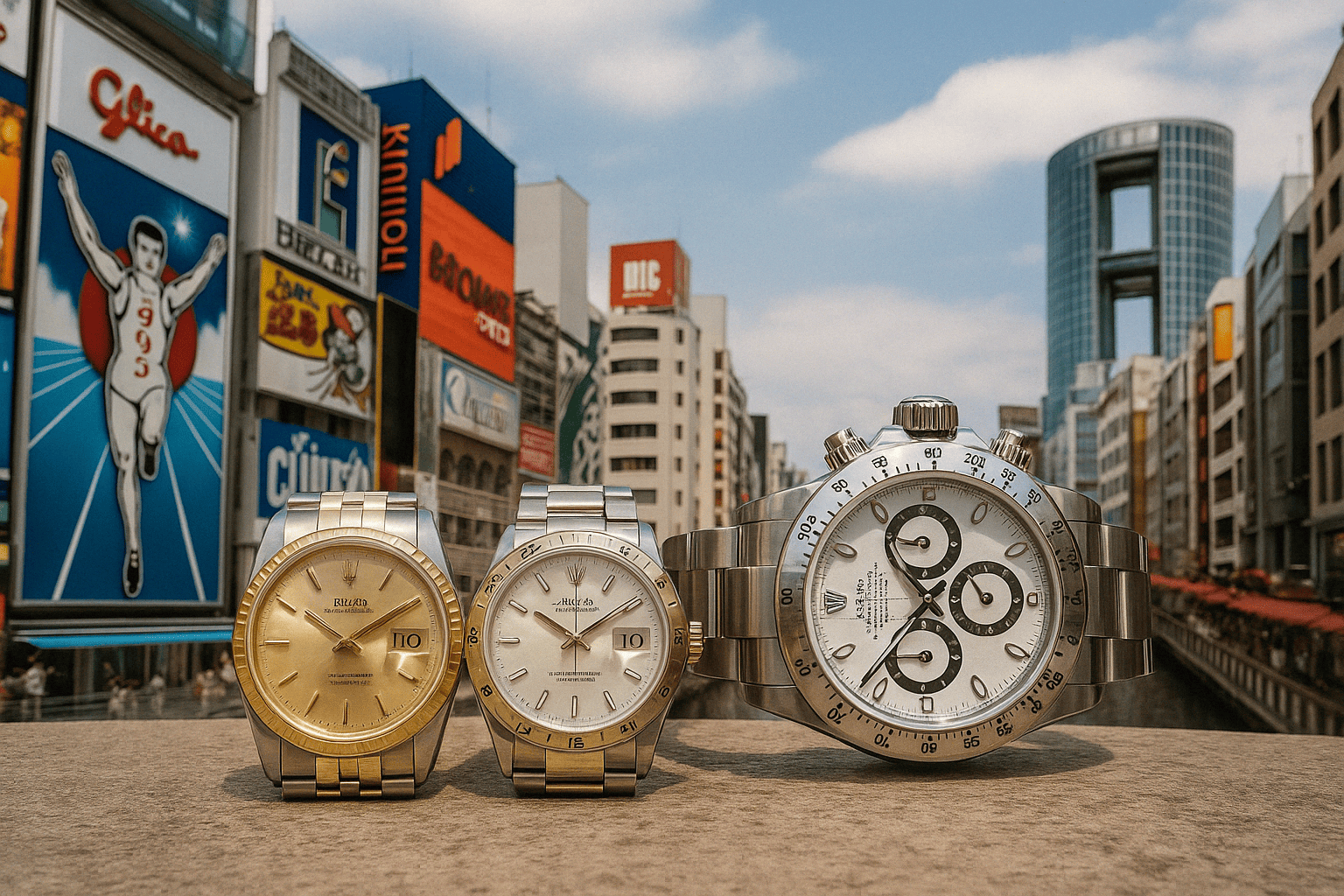 大阪の街並みと高級時計のイメージ