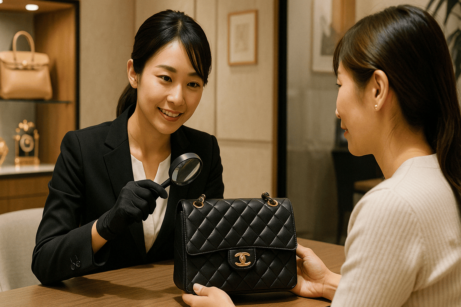 ウォッチニアン買取専門店の鑑定士がヴィンテージシャネルを査定する様子
