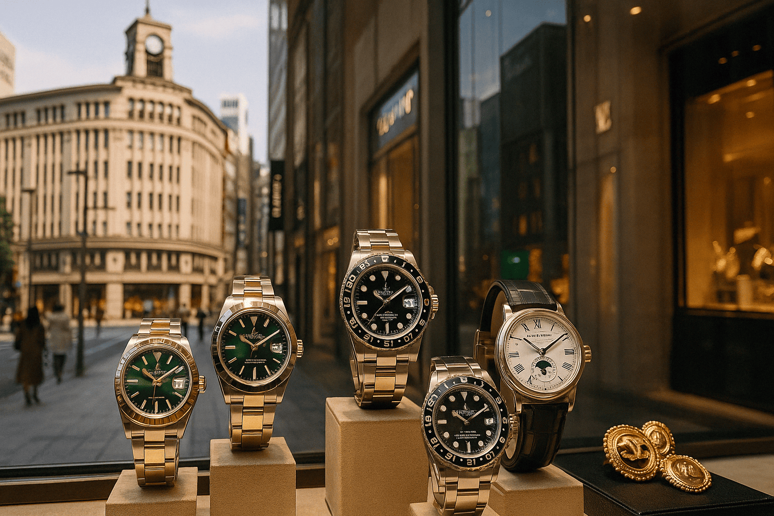 銀座の街並みと高級腕時計(ロレックス、パテックフィリップなど)