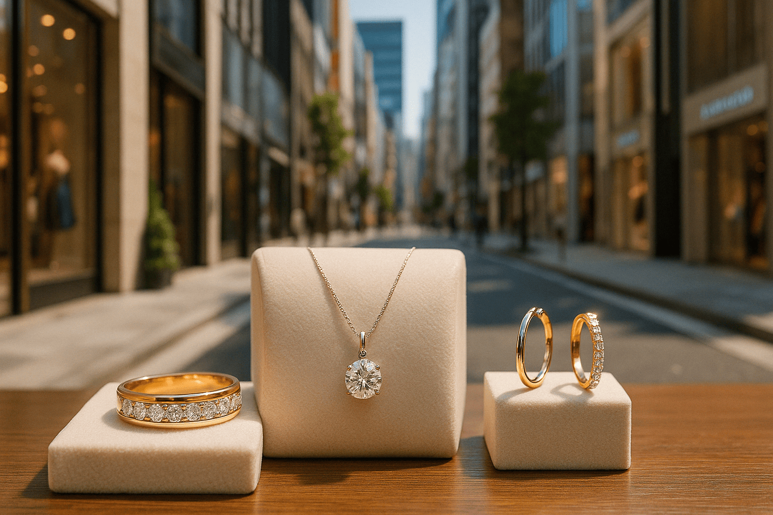 銀座の街並みと輝くブランドジュエリー(カルティエ、ブルガリ、ティファニーなど)