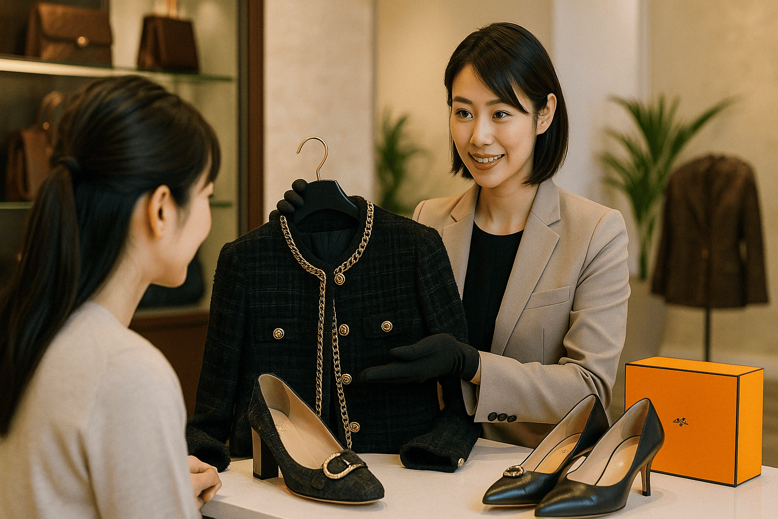 ウォッチニアン買取専門店のスタッフがブランド服や靴を査定する様子