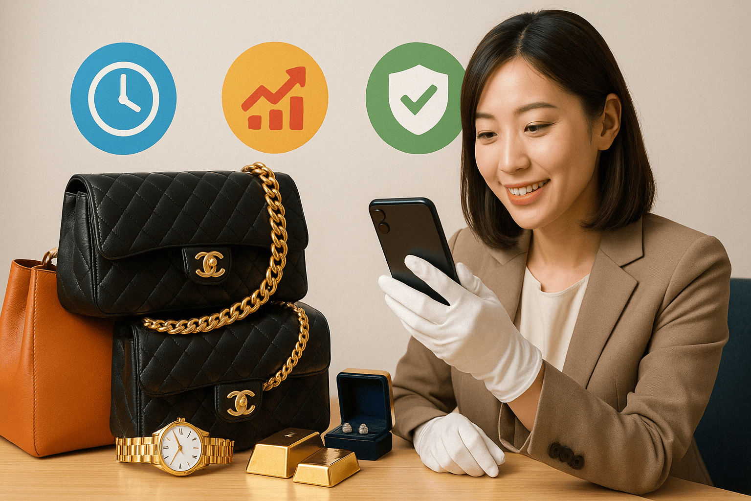 ブランド品のバッグ、時計、ジュエリー、貴金属などが集められたイメージ