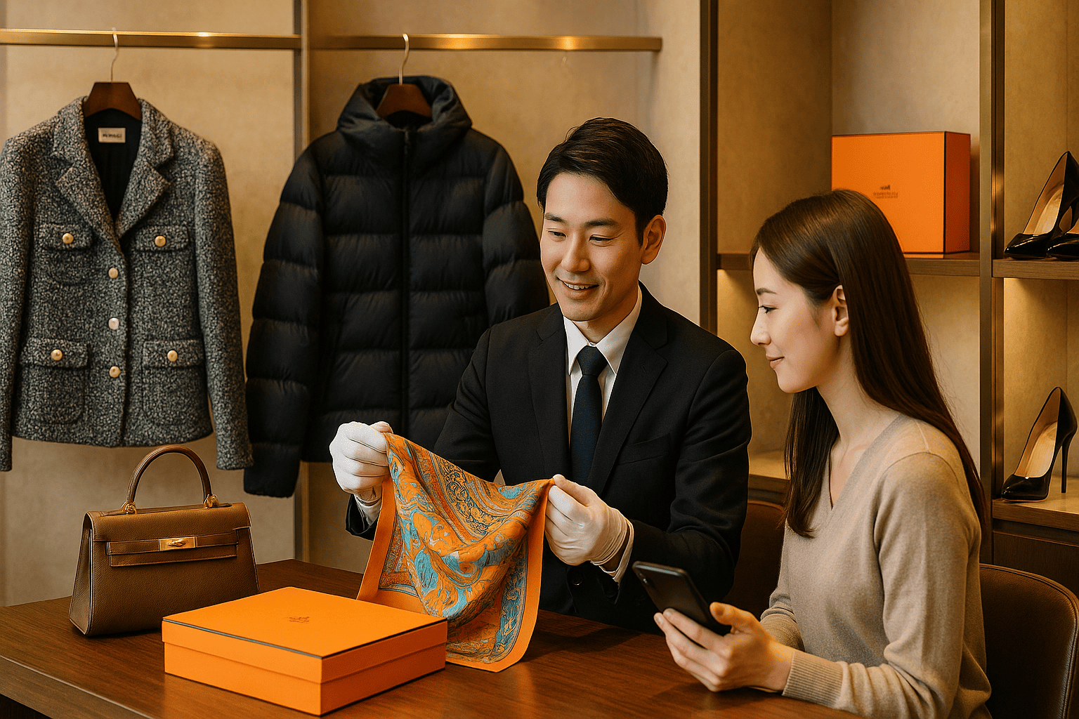 クローゼットに並ぶ高級ブランドの洋服や靴