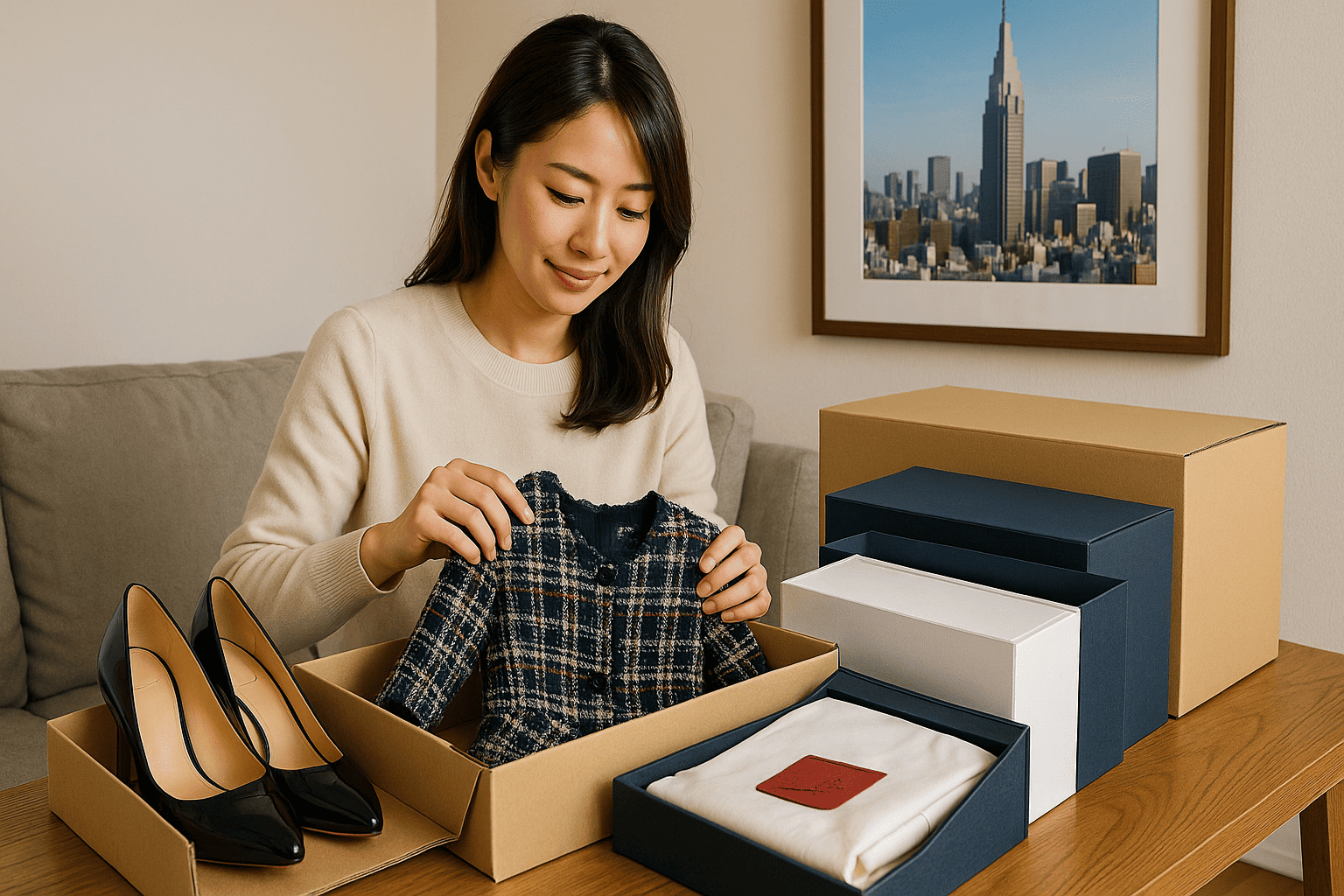 ウォッチニアン買取専門店のスタッフがブランド服や靴を査定する様子