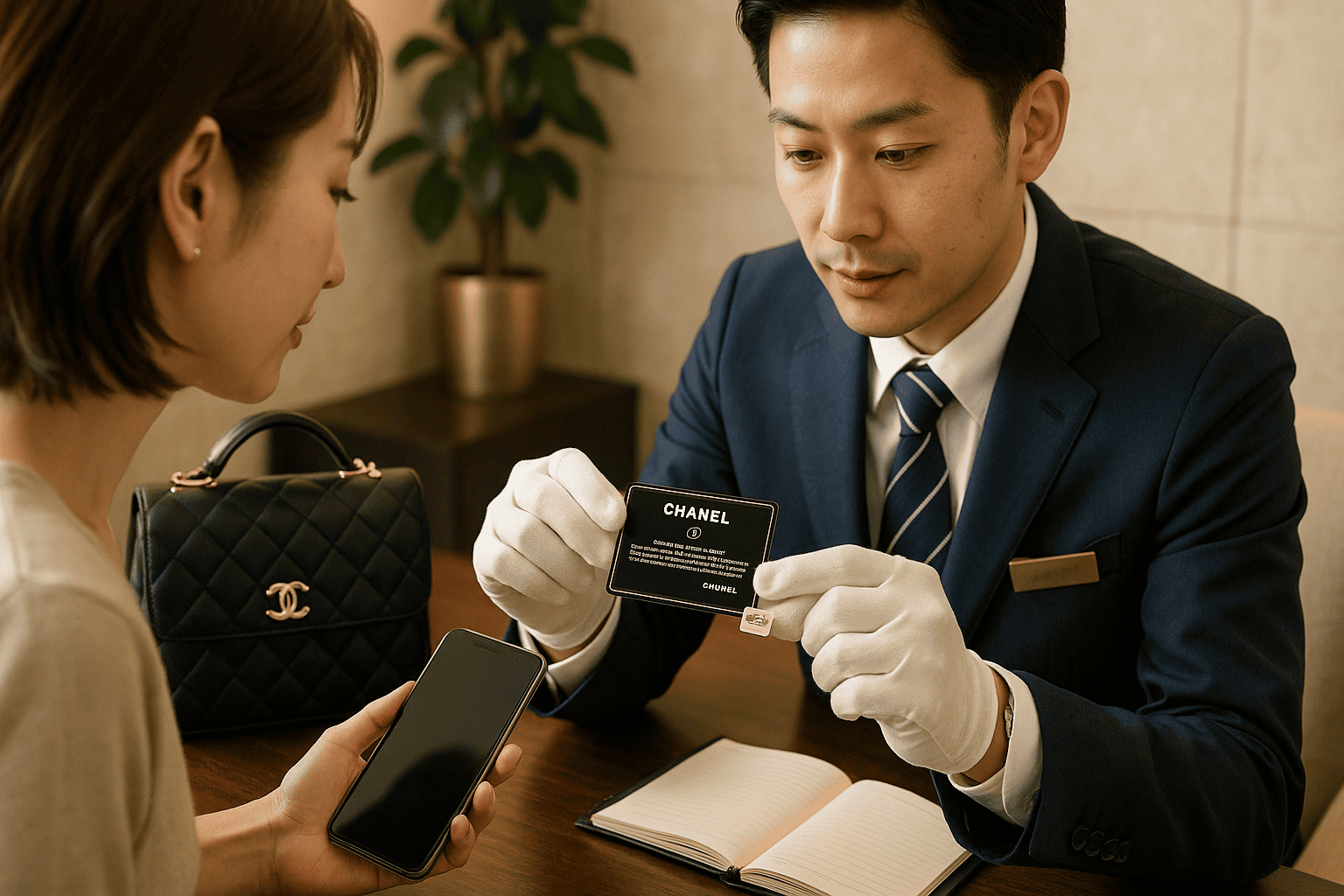 ウォッチニアン買取専門店の鑑定士がギャランティカードとシリアルシールを確認する様子