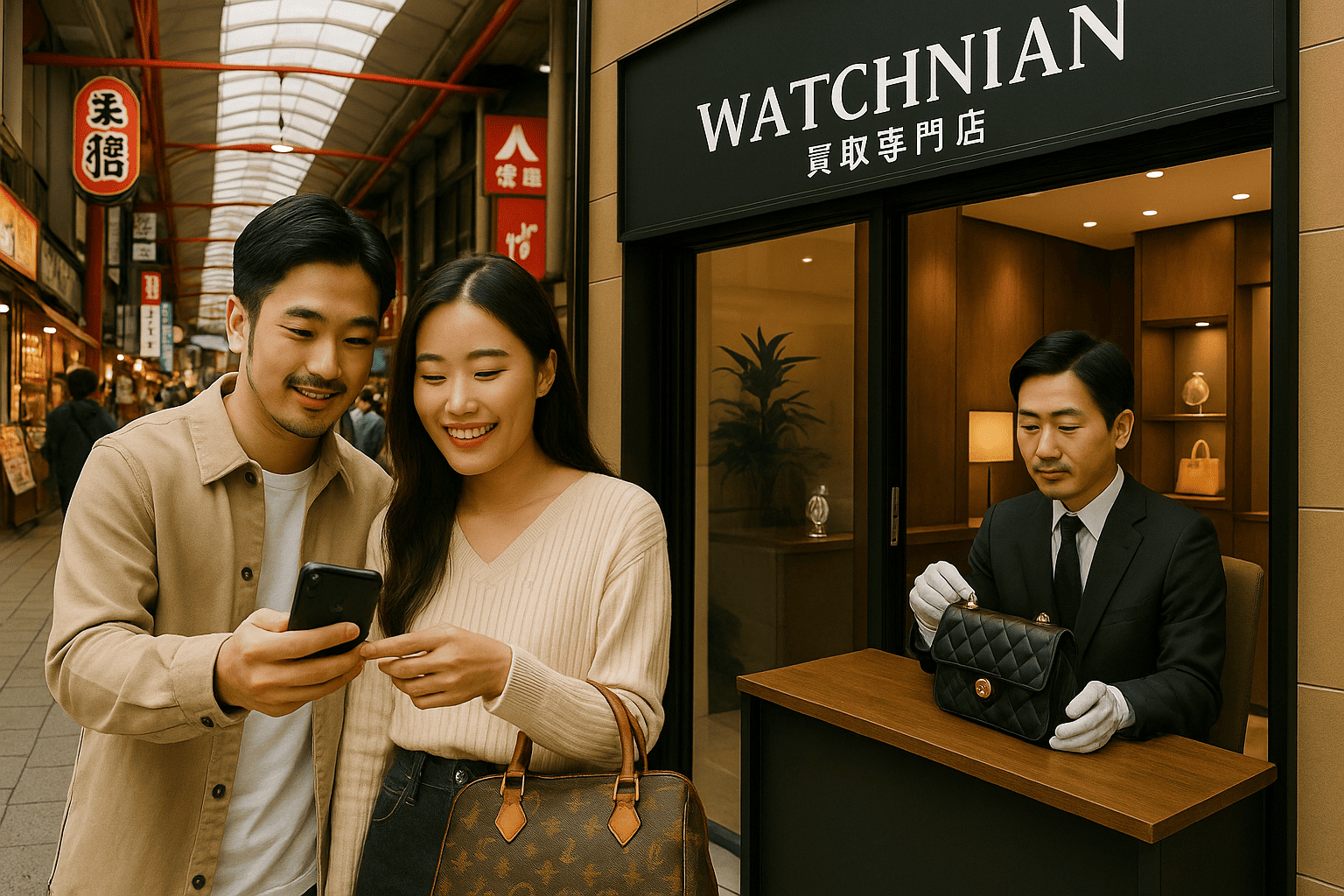 活気ある名古屋・大須商店街とウォッチニアン買取専門店の看板(イメージ)