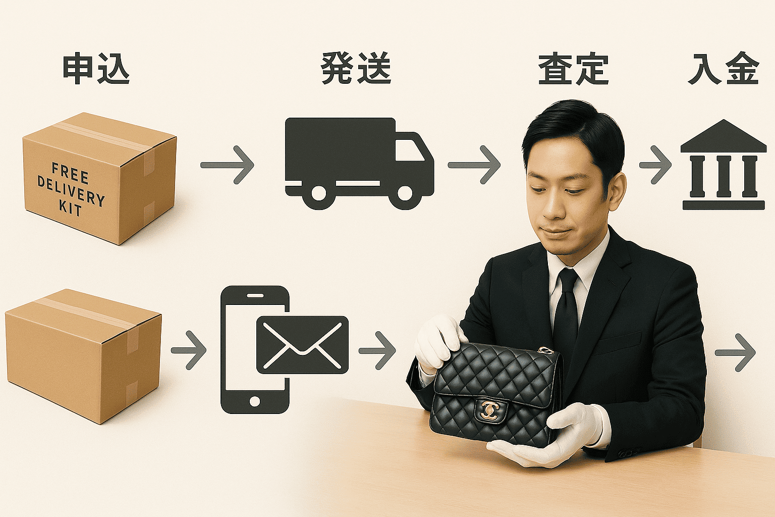 宅配買取のステップ(申込、梱包、発送、査定、入金)