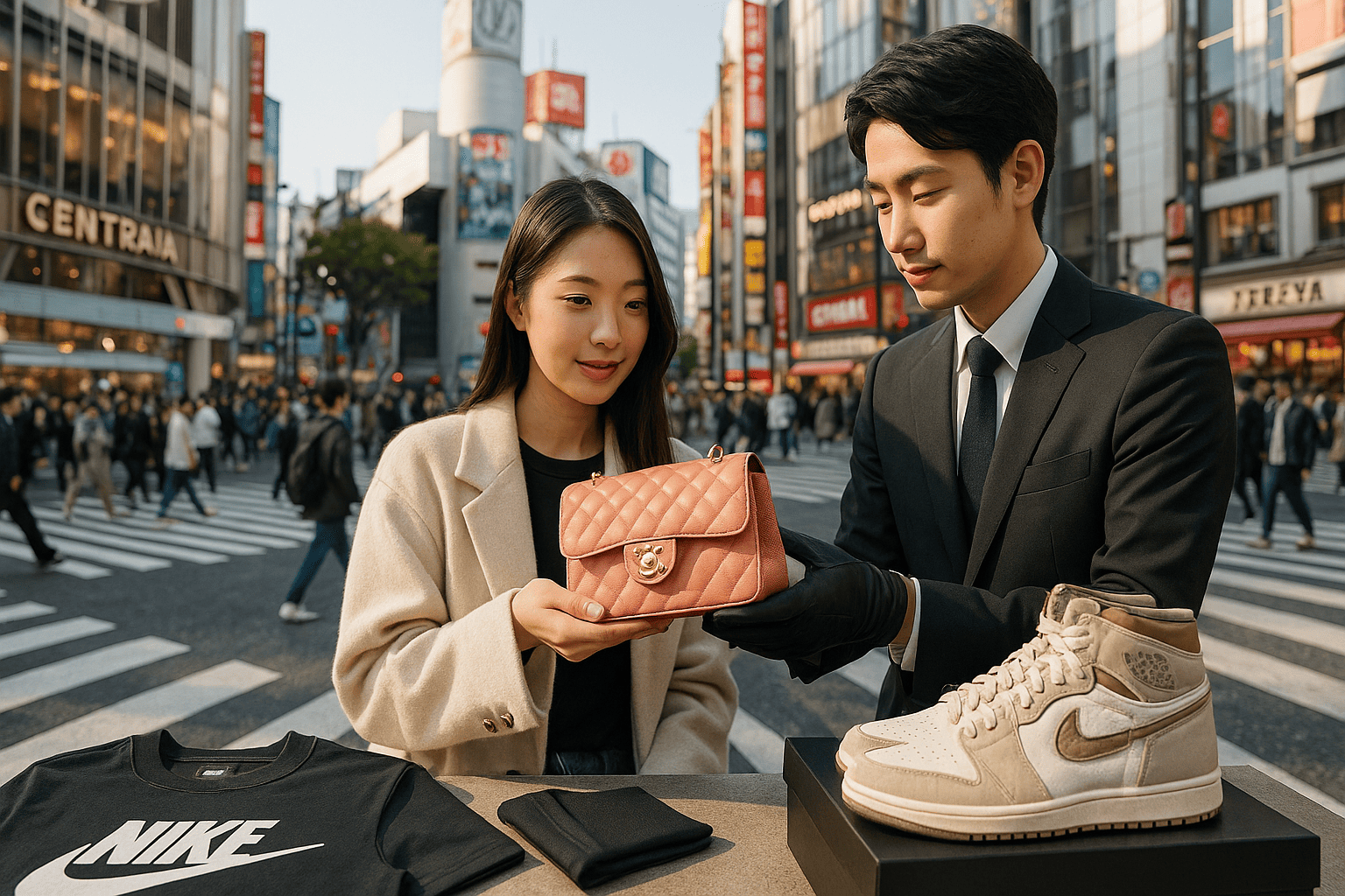 渋谷のスクランブル交差点とブランド品のイメージ