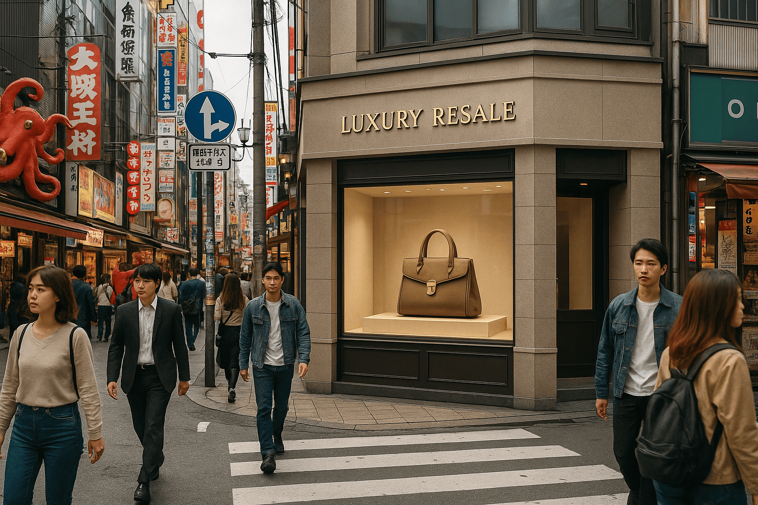 難波の街並みと、信頼できそうなブランド買取店のイメージ。