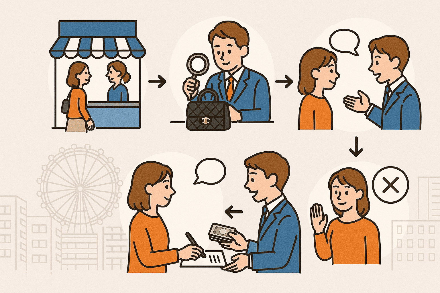店頭買取のステップをイメージしたイラスト