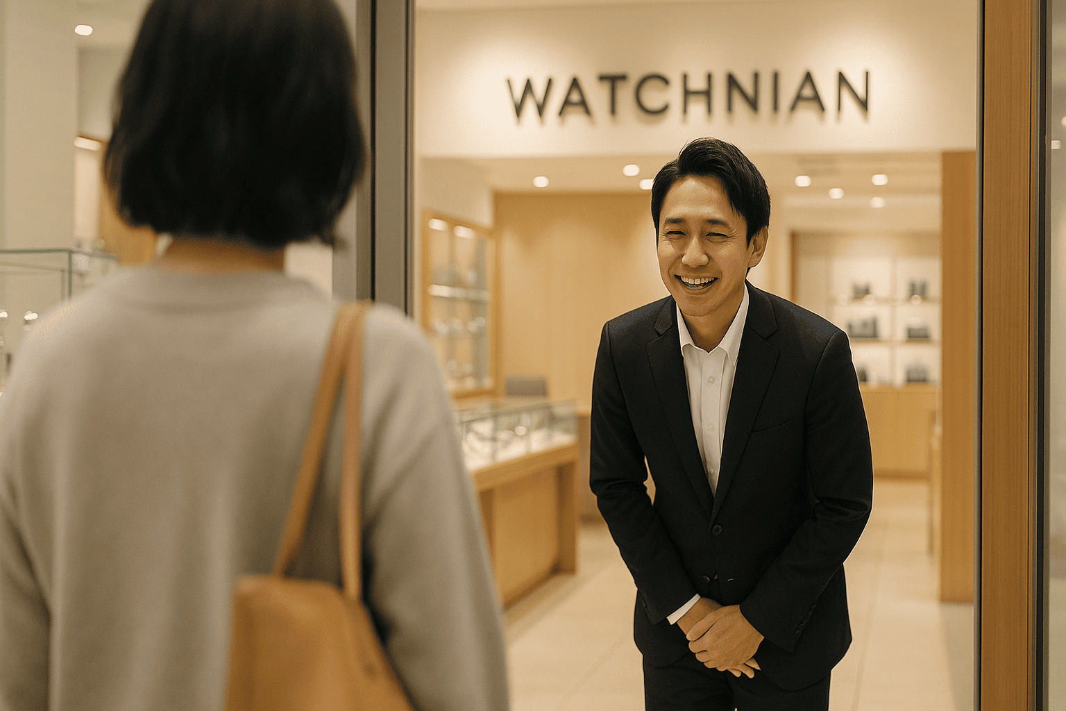 ウォッチニアンのスタッフが笑顔でお客様をお見送りしている、安心感のあるイメージ