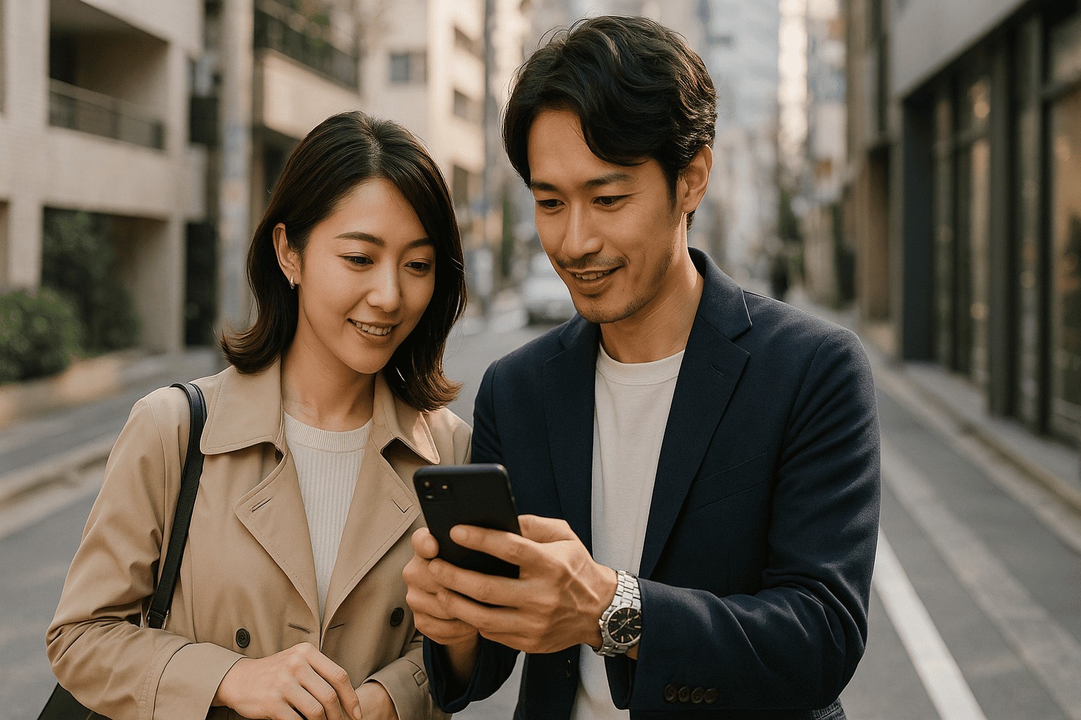 おしゃれな恵比寿の街並みを背景に、スマートフォンで買取店情報を検索しているような日本人男女の後ろ姿