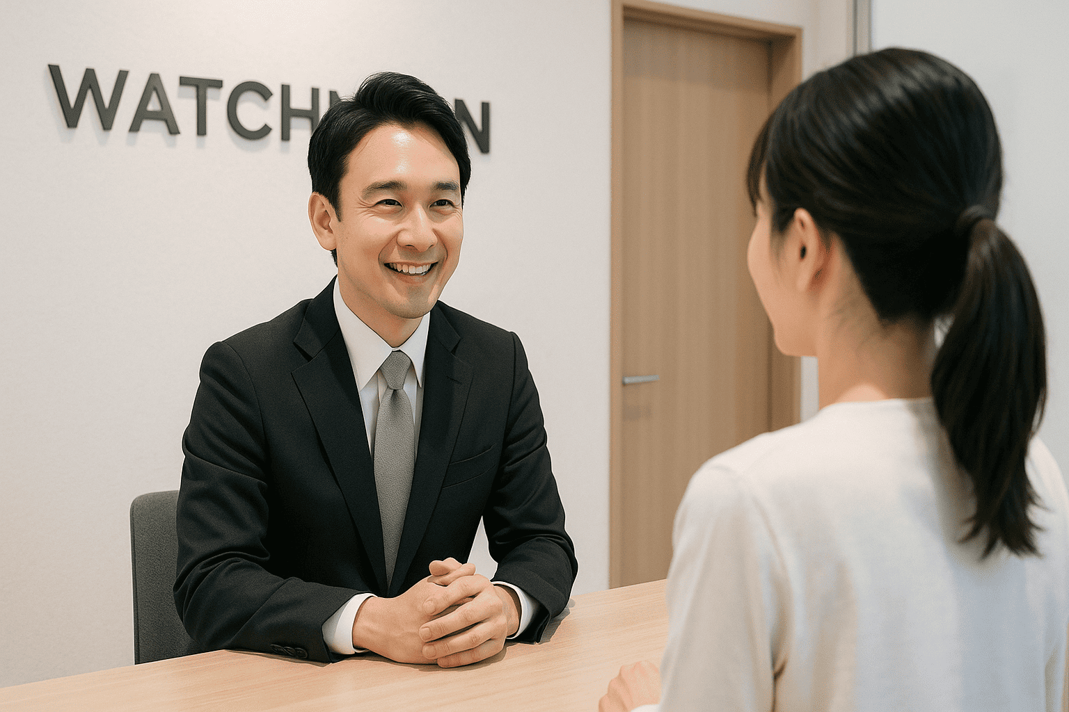 ウォッチニアンの受付カウンターで、スタッフがお客様の質問に笑顔で応対している様子