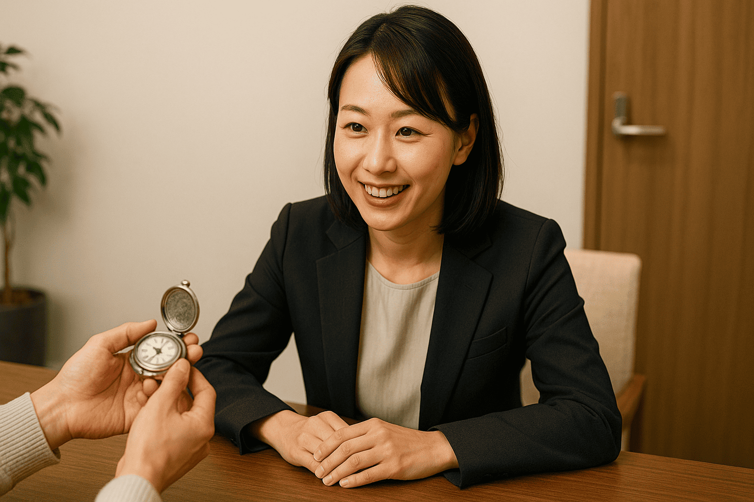 お客様が鑑定士に品物について説明している様子のイメージ