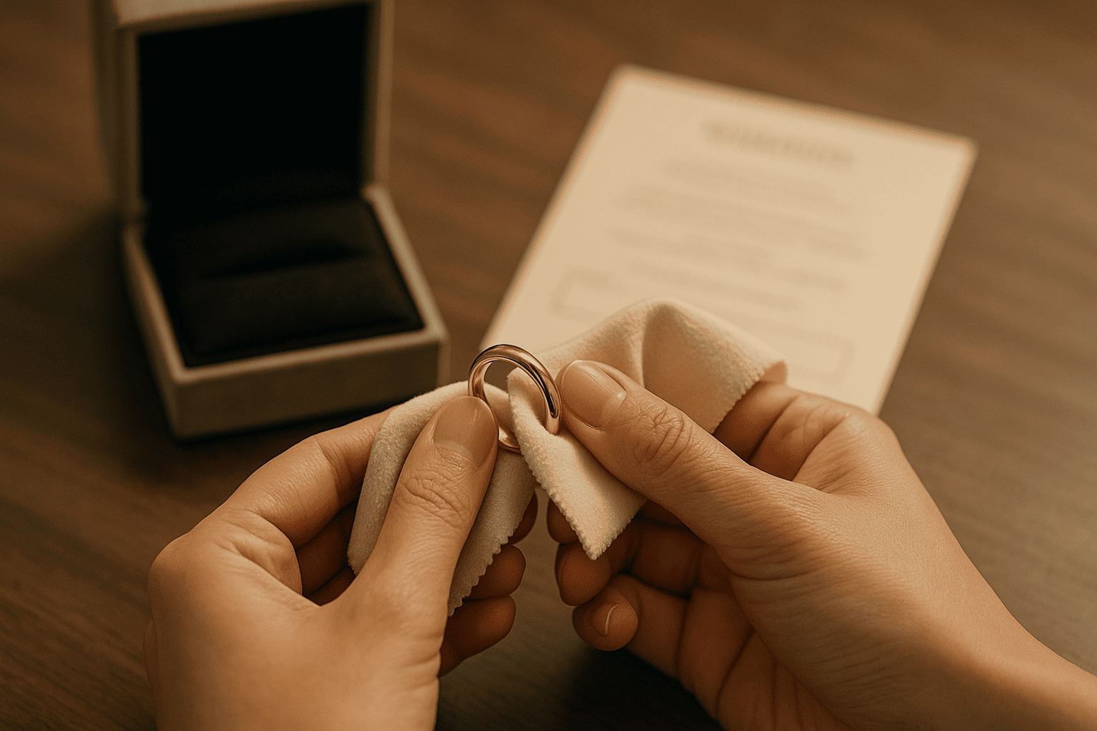 金の指輪を丁寧に布で拭いている手元。背景には保証書やジュエリーボックスが見える。