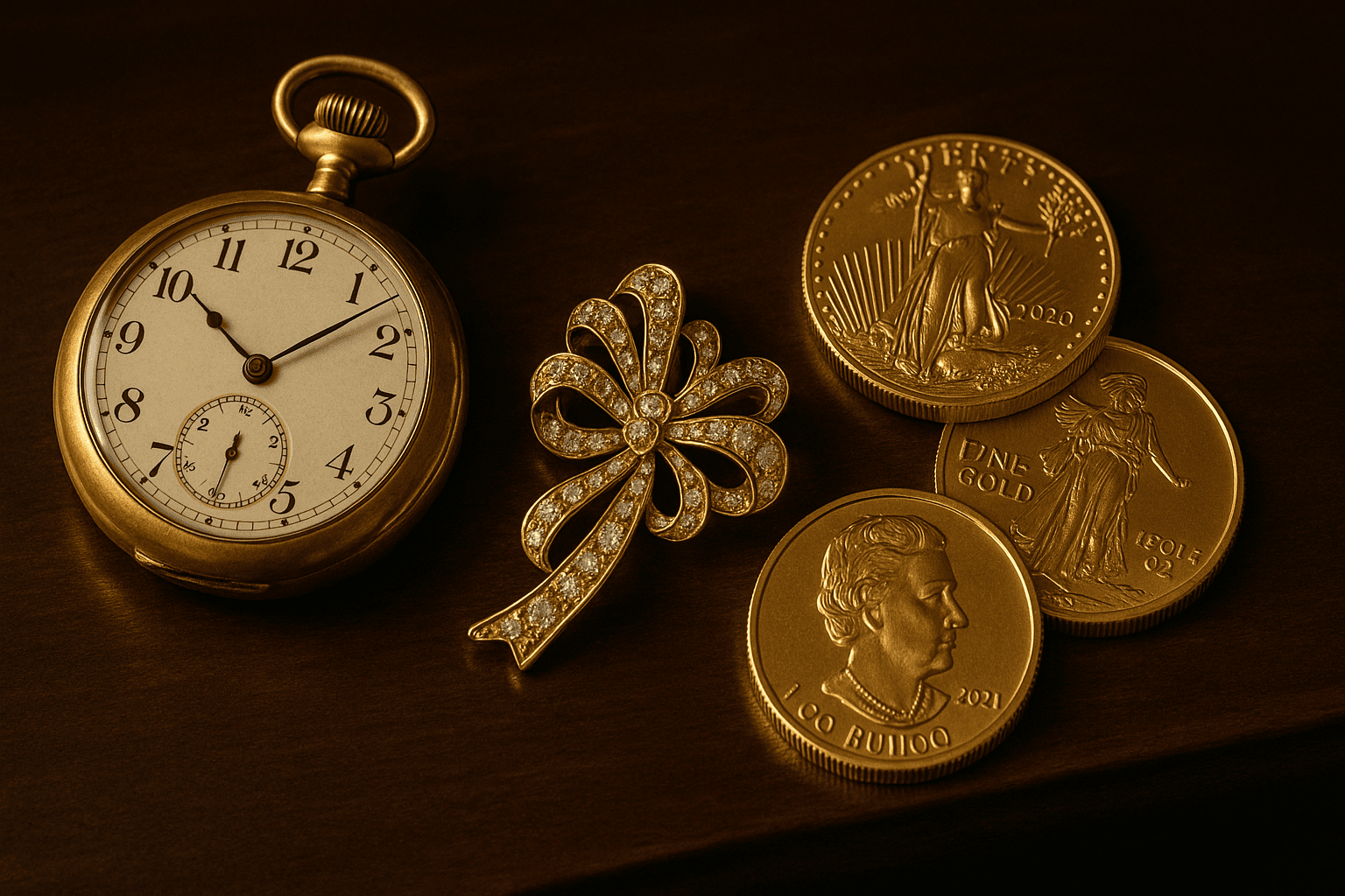 遺品整理で見つかった古い金の懐中時計や、デザイン性のある金のブローチなどが上品に並べられている。