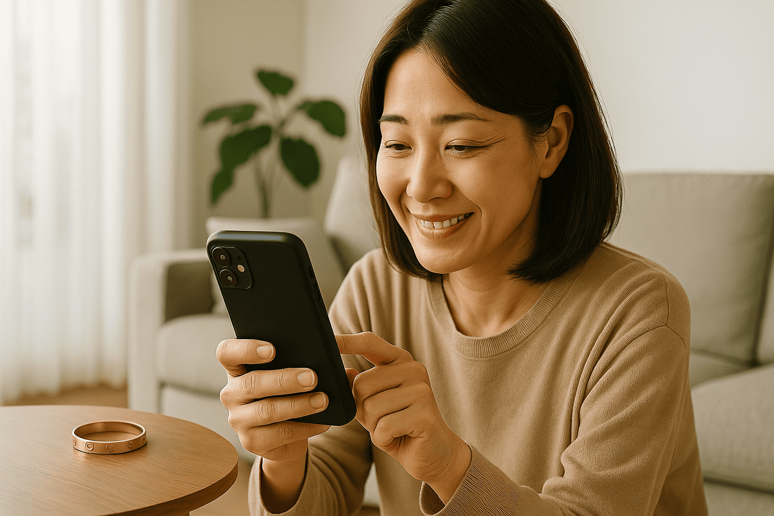 お客様がスマートフォンでLINE査定を利用し、満足のいく結果に笑顔を見せる様子。背景は自宅のリビング。