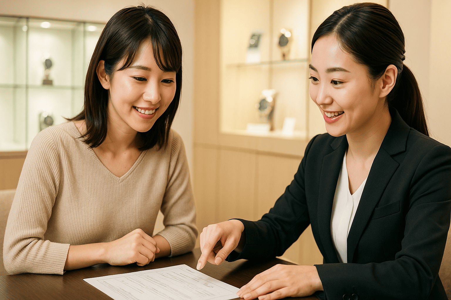 ウォッチニアン買取専門店の銀座の店舗で、初めて金買取を利用するお客様が、鑑定士から丁寧な説明を受け、安心して取引を進めている様子。