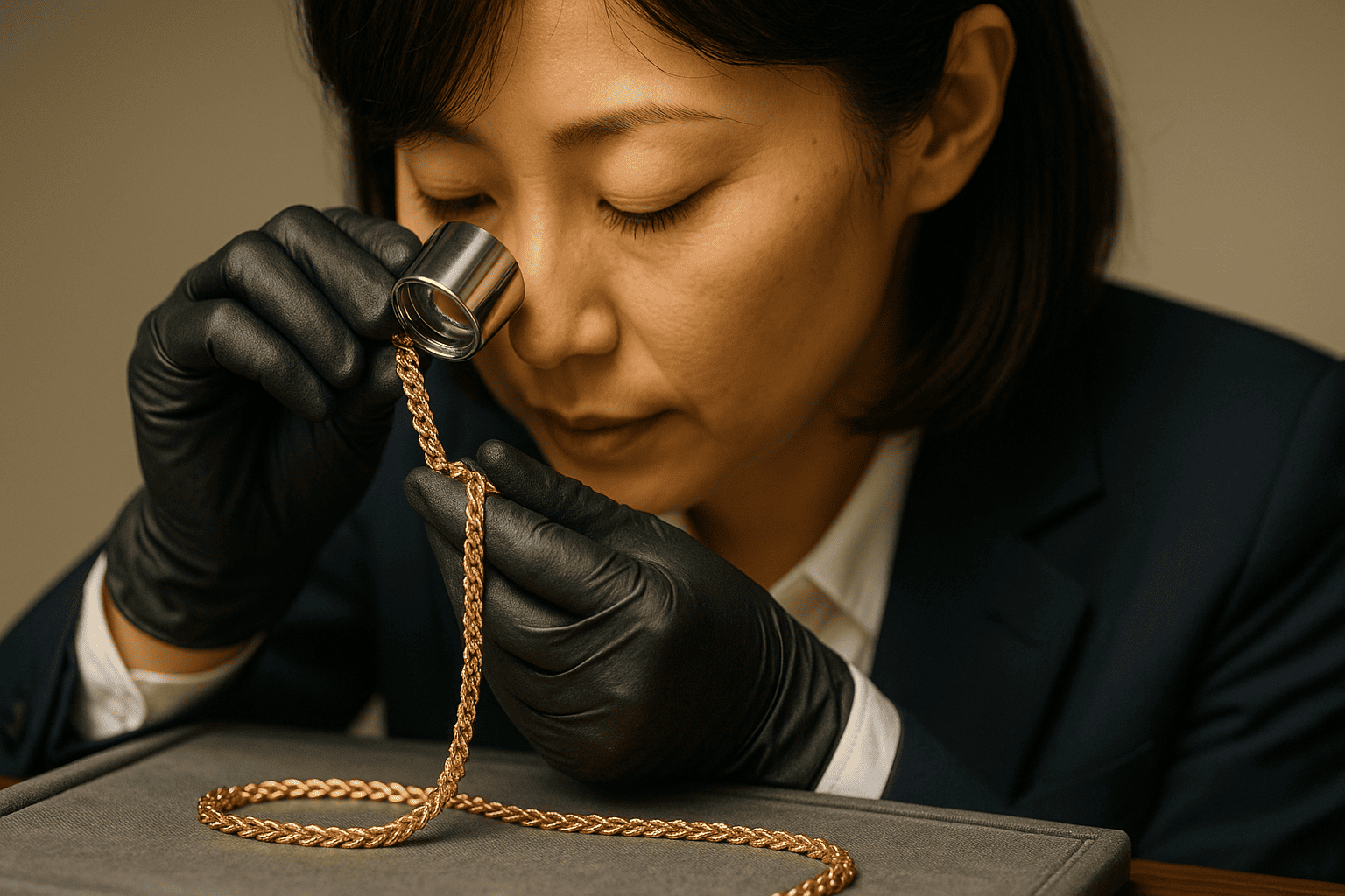 ウォッチニアン買取専門店の鑑定士が金のネックレスを査定している様子