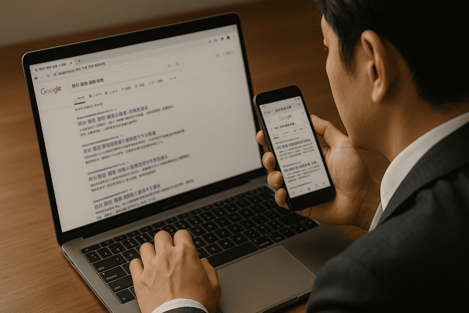 スマートフォンやパソコンで時計の買取相場を調べている人の手元。