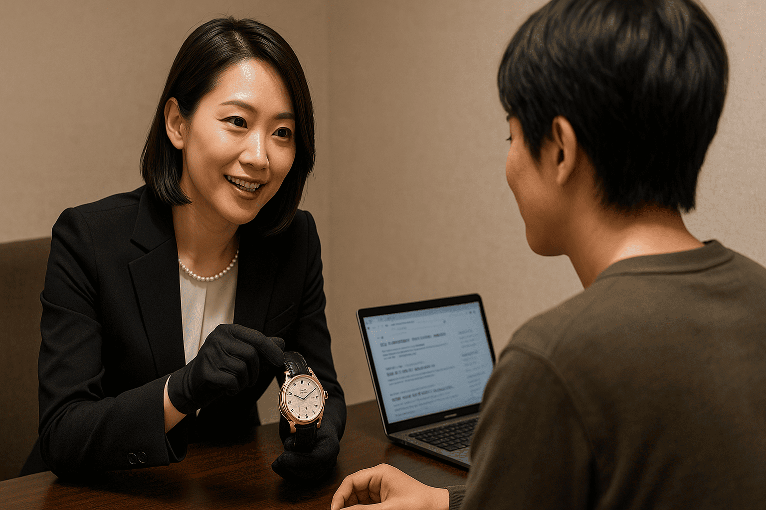 ウォッチニアン買取専門店の鑑定士が、お客様の時計を丁寧に査定し、満足そうな表情のお客様と話しているシーン。