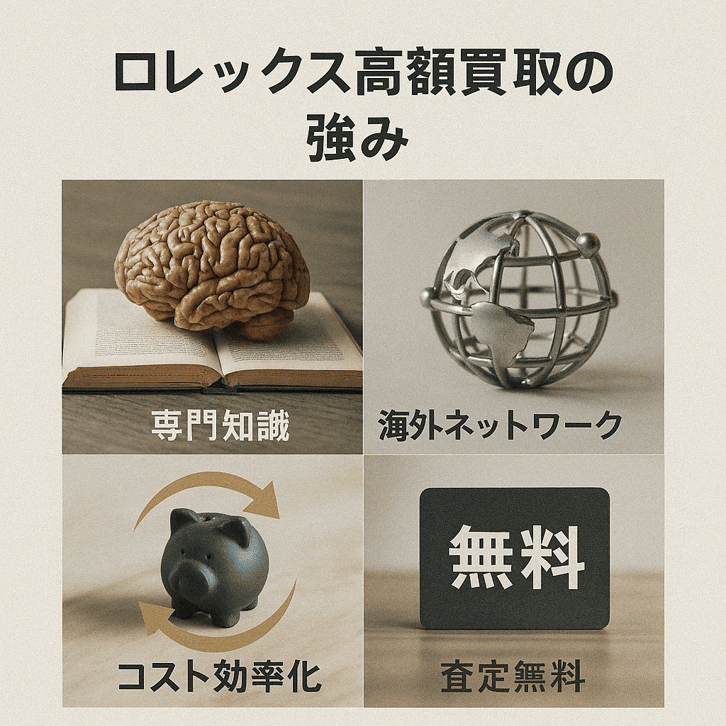 ウォッチニアン買取専門店の高額買取の理由を示すイメージ(専門知識、データ分析、販売網)
