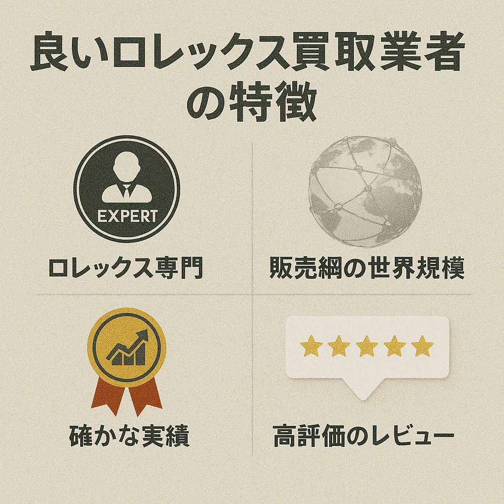 信頼できるロレックス買取店の特徴を示すアイコン