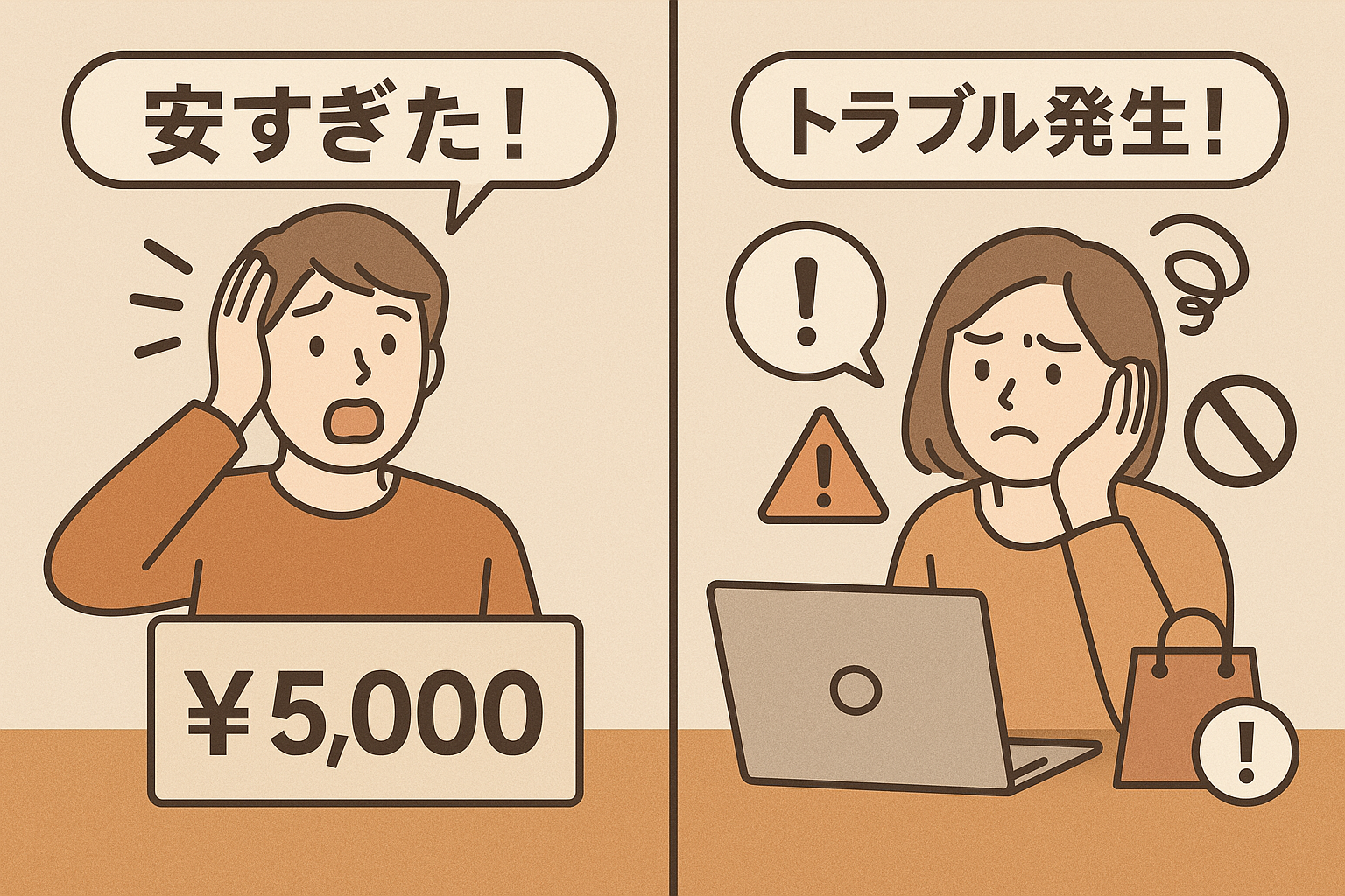 ブランド品の前で頭を抱え後悔している人のイメージ
