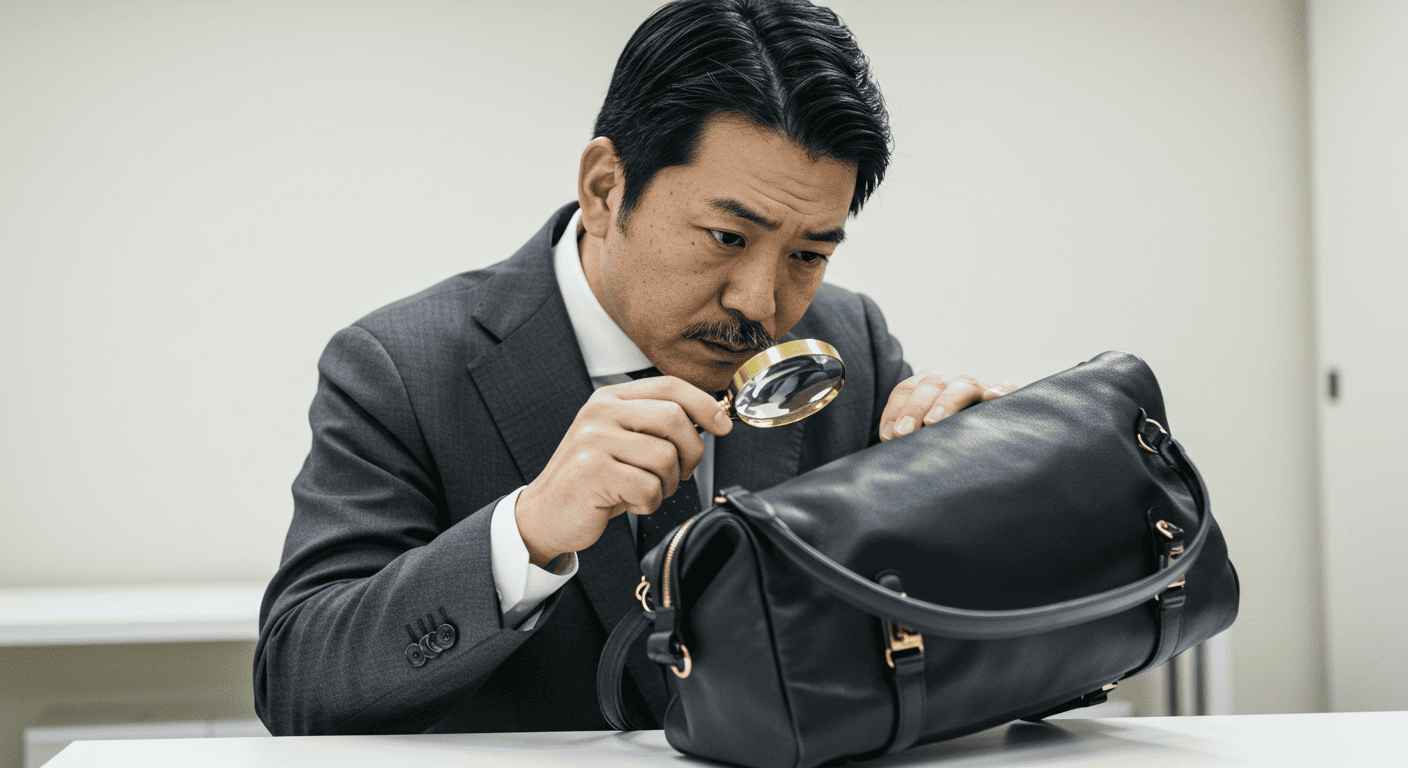 ウォッチニアンの鑑定士がルーペでバッグを査定している様子