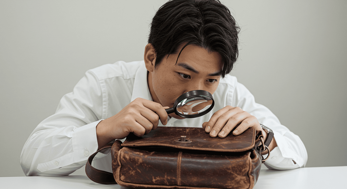 鑑定士がルーペでバッグ本体を真剣に鑑定している様子