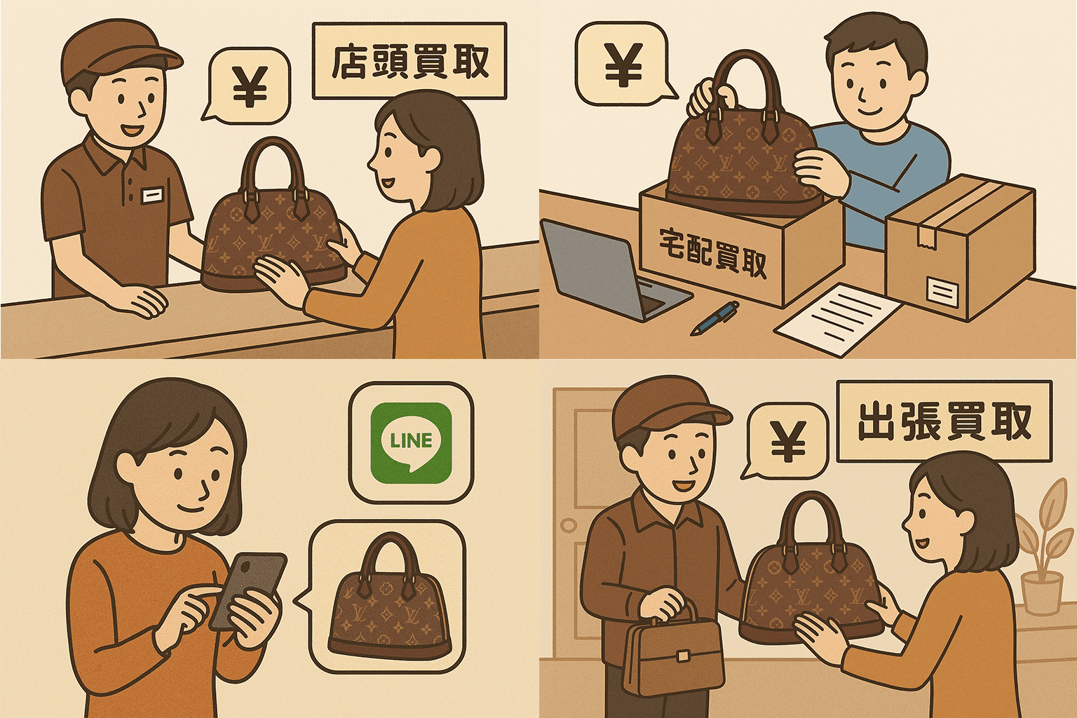 店頭買取、宅配買取、出張買取、LINE査定のアイコンイメージ
