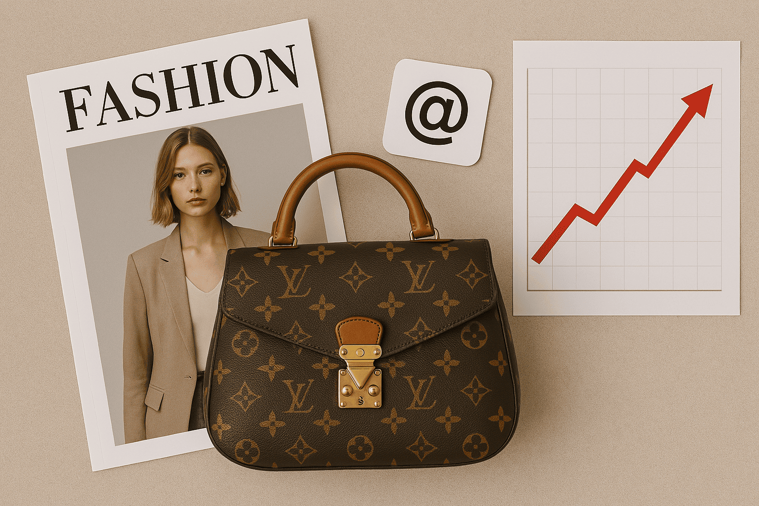 ファッション雑誌やSNSとブランドバッグ、上昇グラフのイメージ
