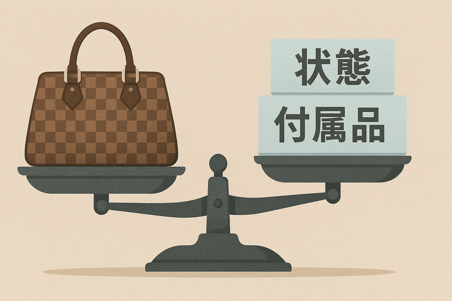 天秤にブランドバッグと「状態」「付属品」が乗っているイメージ