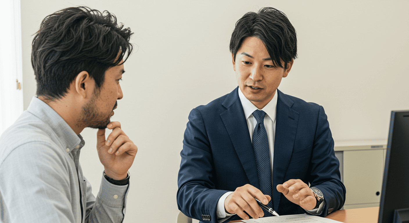 鑑定士が顧客に査定内容を丁寧に説明している様子