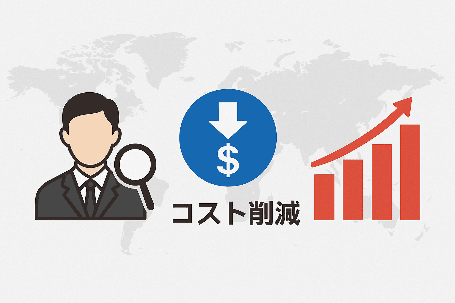 世界地図、鑑定士、コスト削減のアイコンと上昇グラフ