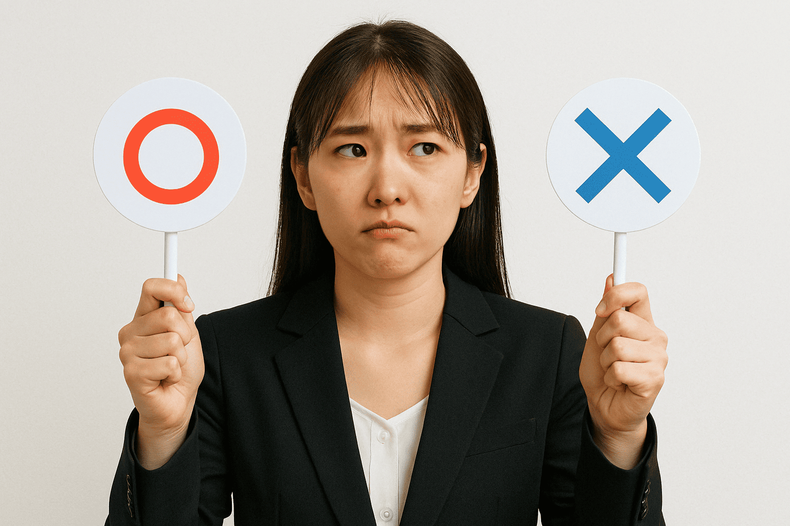 交渉の可否を示す天秤や疑問符のイメージ