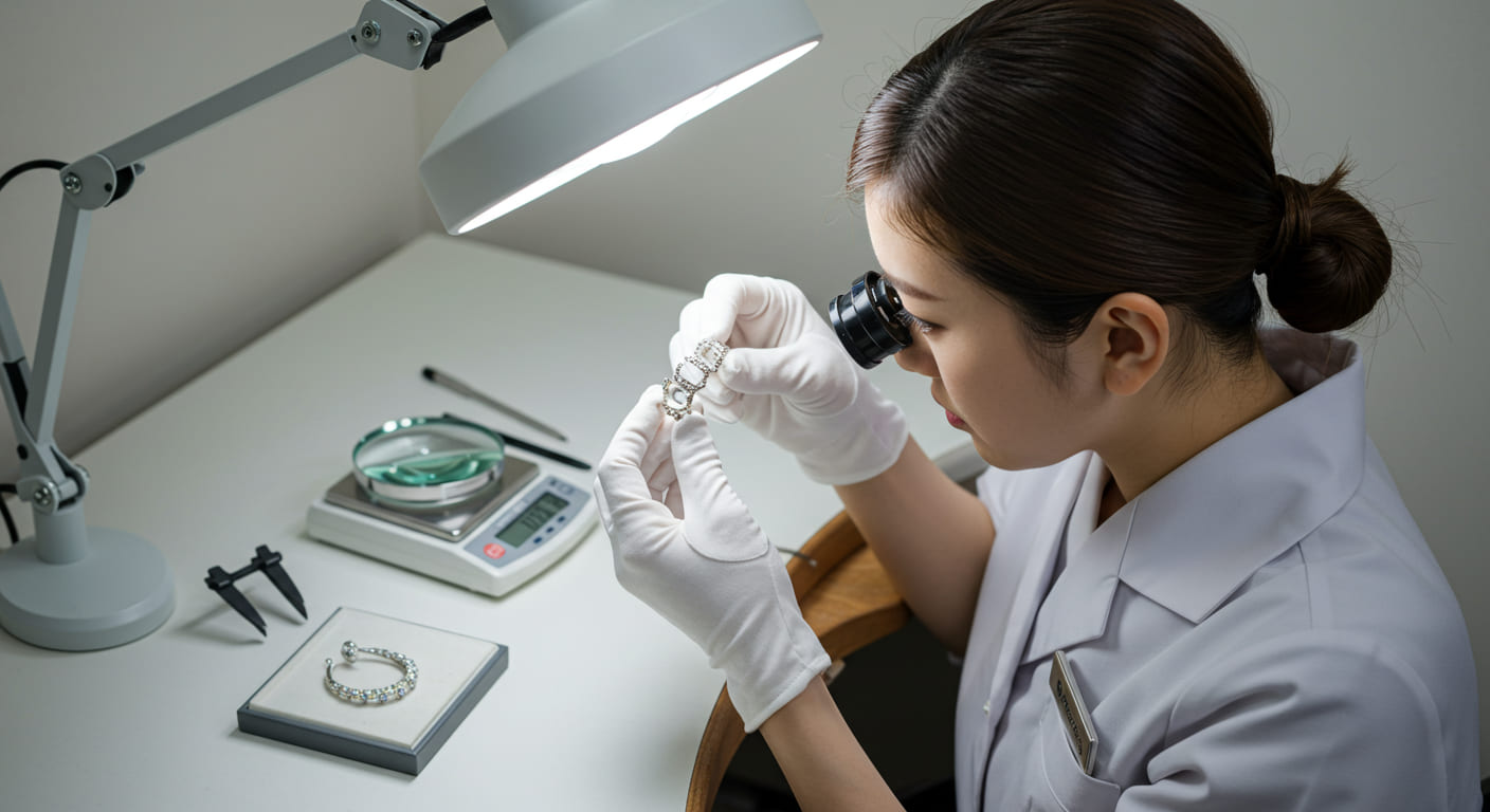 鑑定士がプラチナジュエリーの純度を調べているイメージ