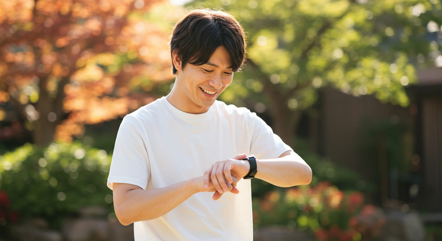 ソーラー時計を腕にはめて満足げな人物のイメージ